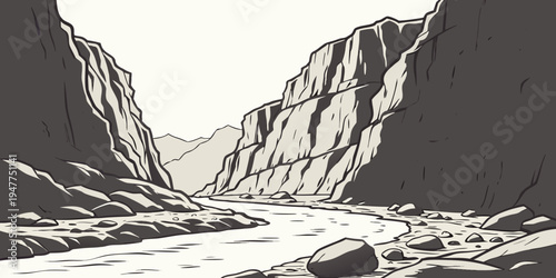 A black and white illustration of a mountain gorge with a river Vector