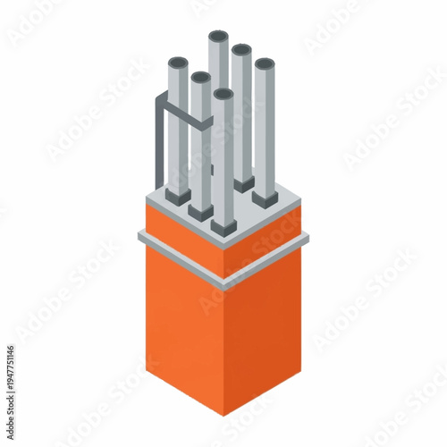 Isometric illustration of a concrete foundation with rebar and vertical pipes for construction purposes.