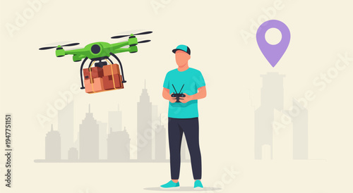 Vector illustration of a drone delivering a package to a location, symbolizing modern logistics and efficient delivery services in urban settings
