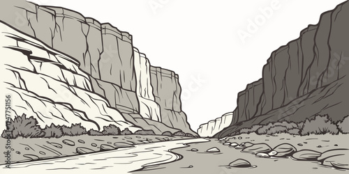 A large canyon with steep cliffs and a river running through it Vector