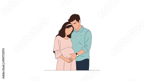 Loving young couple expecting a baby with a pregnant woman and her partner embracing each other to show parenthood and maternity joy.