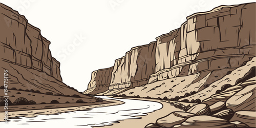 A river running through a canyon with steep cliffs Vector