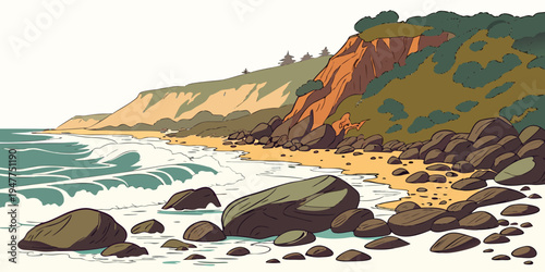 A rocky cliff by the ocean with trees on top Vector