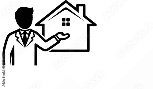 Stylized illustration of a person in a suit presenting a house icon