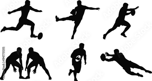 Rugby players silhouettes set, action poses running passing tackling black vector illustration isolated on white