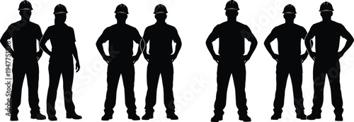 Construction worker silhouettes wearing safety helmets standing together, industrial workforce team concept isolated on white background, engineering, building industry, contractor labor group
