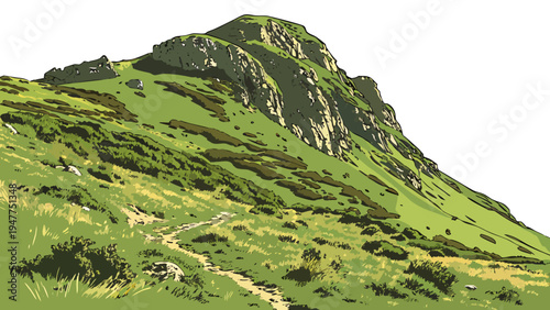 A green mountain with a steep slope and a rocky peak Vector