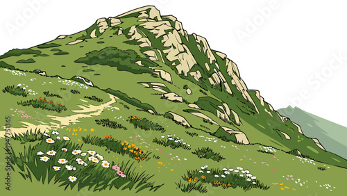 A green mountain with flowers on the side Vector