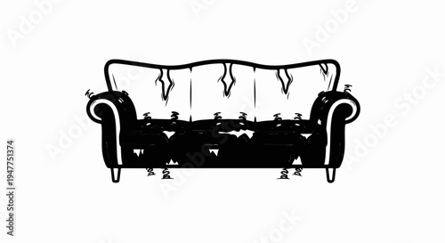 Stylized illustration of a plush, tufted sofa in black and white