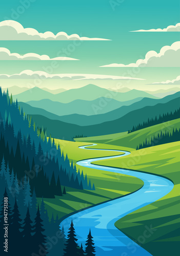 A beautiful flowing river winding through lush green hills and pine trees in a vibrant nature vector illustration with a bright blue sky and clouds