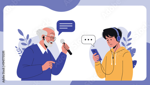 Contrast between generations showing a senior man with a microphone and a young man wearing headphones using a smartphone for music.