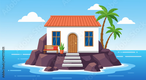 Serene Tropical Island House Vector Illustration with Palm Trees and Ocean, a Peaceful Retreat