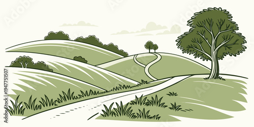 A green landscape with a large tree on a hill Vector