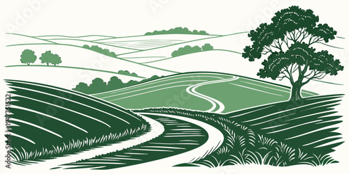 A green landscape with a winding road and a tree Vector