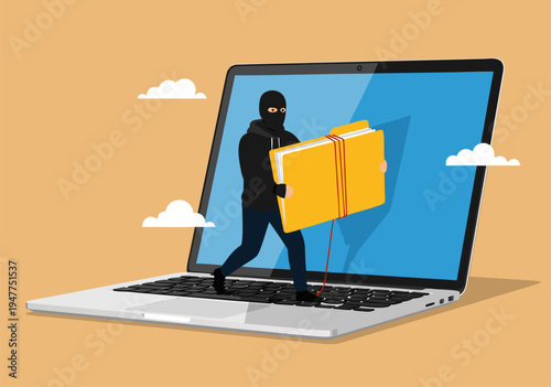 Cyber criminal in a black mask stealing a folder from a laptop illustration, vector art and graphic design