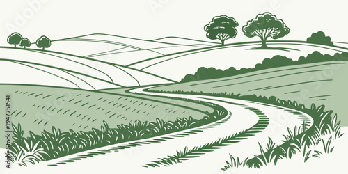 A green landscape with a winding road and trees Vector