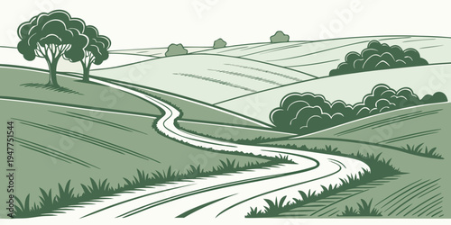 A winding road through a green landscape with trees Vector