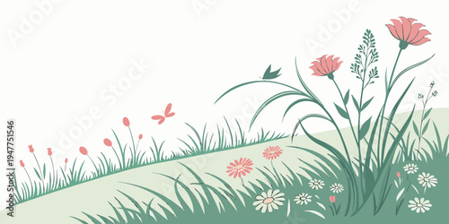 A green hill with pink flowers and butterflies Vector