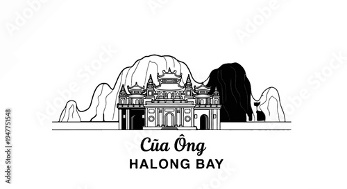 Stylized illustration of a traditional Asian temple nestled against karst mountains