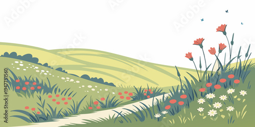 A winding path through a field of colorful wildflowers on a sunny day Vector