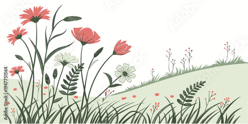 A field of flowers with pink poppies and green grass Vector