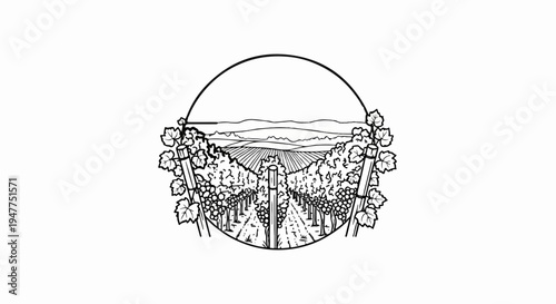 Stylized illustration of a vineyard with rolling hills in the distance