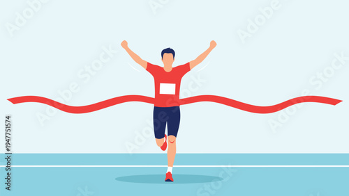 Determined male runner triumphantly crossing the red finish line tape with arms raised after winning a competitive marathon race event.