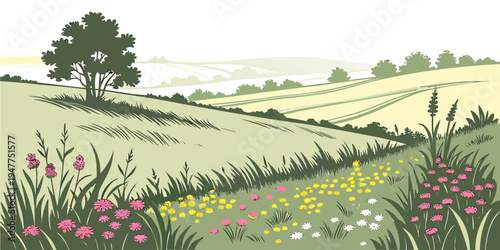 A serene landscape with rolling hills and colorful wildflowers Vector