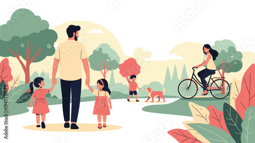 Happy family enjoying a sunny day outdoors in a park with children walking while a woman rides a bicycle among colorful trees.