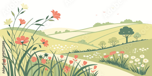 A field of flowers on a sunny hillside Vector