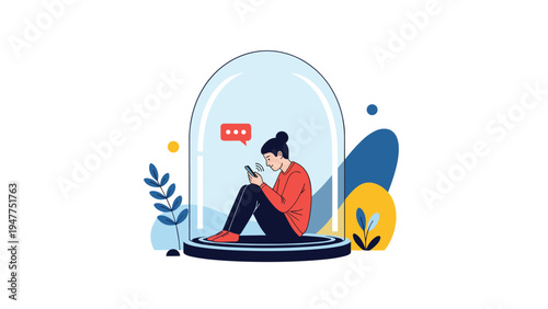 Lonely young woman sitting inside a transparent glass dome while focusing on her smartphone as a metaphor for social media isolation.