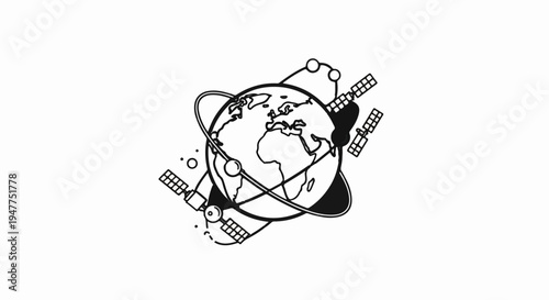 Stylized illustration of Earth with satellites orbiting in space