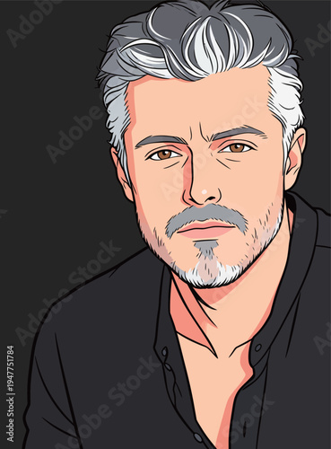 A man is shown with gray hair and a beard. He is wearing a black shirt and looks directly at the viewer. The background is dark.