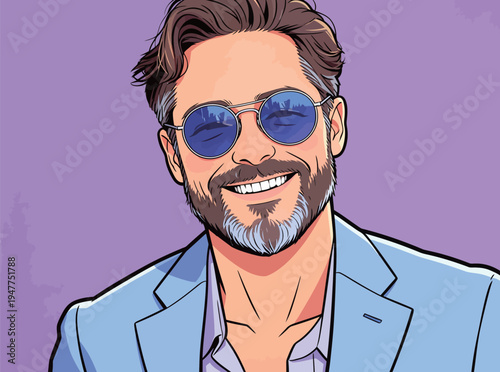 A man wearing sunglasses and a light jacket smiles while standing against a purple background in bright daylight.