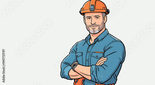 A construction worker poses with arms crossed. He wears a blue shirt and an orange safety helmet at a job site.