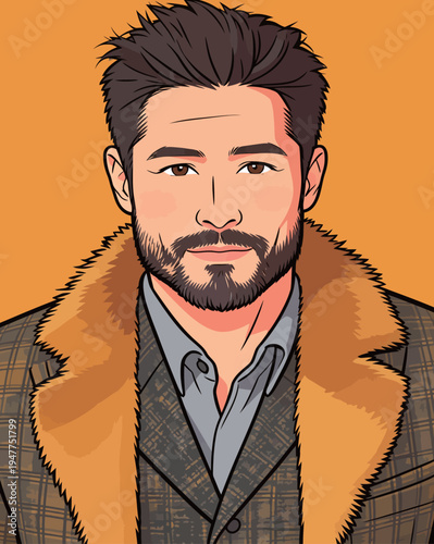 A man stands with a slight smile wearing a brown plaid suit and fur collar, set against an orange background.