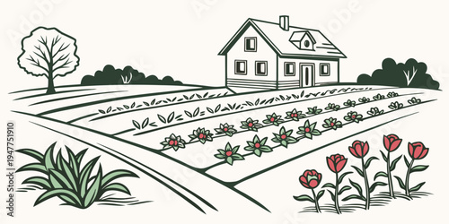 A house with a garden and flowers Vector