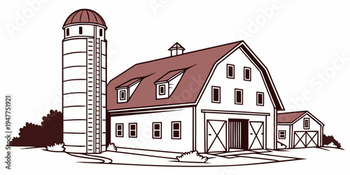 A red and white barn with a silo Vector