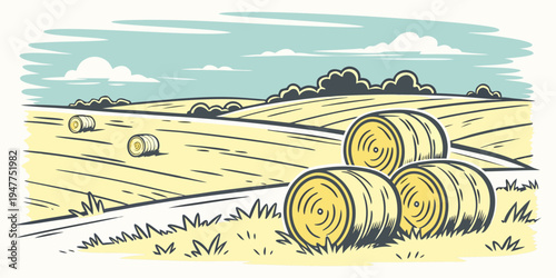 A rural landscape with hay bales in a field Vector