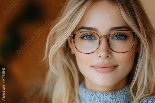 Cozy close-up of a calm woman with long blonde hair wearing glasses and a light blue knitted turtleneck against a warm blurred background