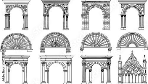 Architectural arches windows silhouettes, classical Gothic design artwork, ornate tracery illustration set, historical building figure collection, decorative portal patterns