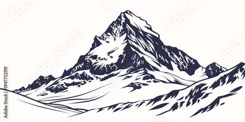 A large snow covered mountain range with a large peak Vector