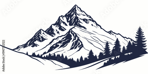 A large snow covered mountain with trees Vector