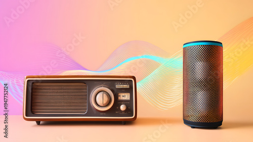Vintage radio and modern smart speaker on gradient colorful background for retro technology concept