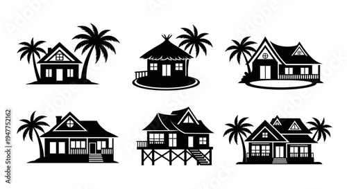 Tropical Houses Collection: Beach Bungalows, Villas, and Cabanas with Palm Trees