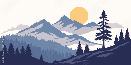 A mountain range with trees and a sun Vector