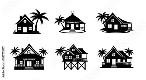 Tropical Beach Houses Collection: Bungalows, Villas, and Cabanas on Palm-Lined Islands