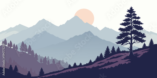 A mountain range with a tree on a hill at sunset Vector