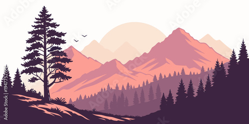 A serene mountain landscape with a tree in the foreground Vector