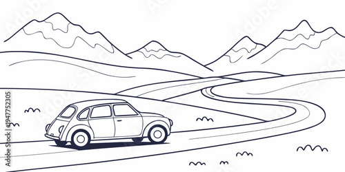 A car driving on a winding road through a mountainous landscape Vector